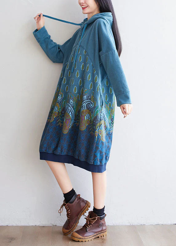 Blue Pullover Streetwear dresses drawstring Hooded Spring - Image 2