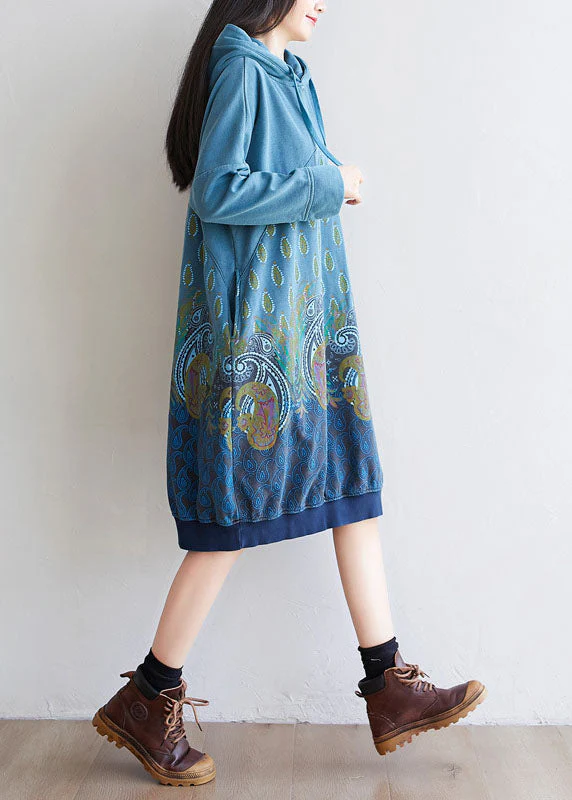 Blue Pullover Streetwear dresses drawstring Hooded Spring - Image 3