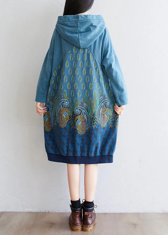 Blue Pullover Streetwear dresses drawstring Hooded Spring - Image 4