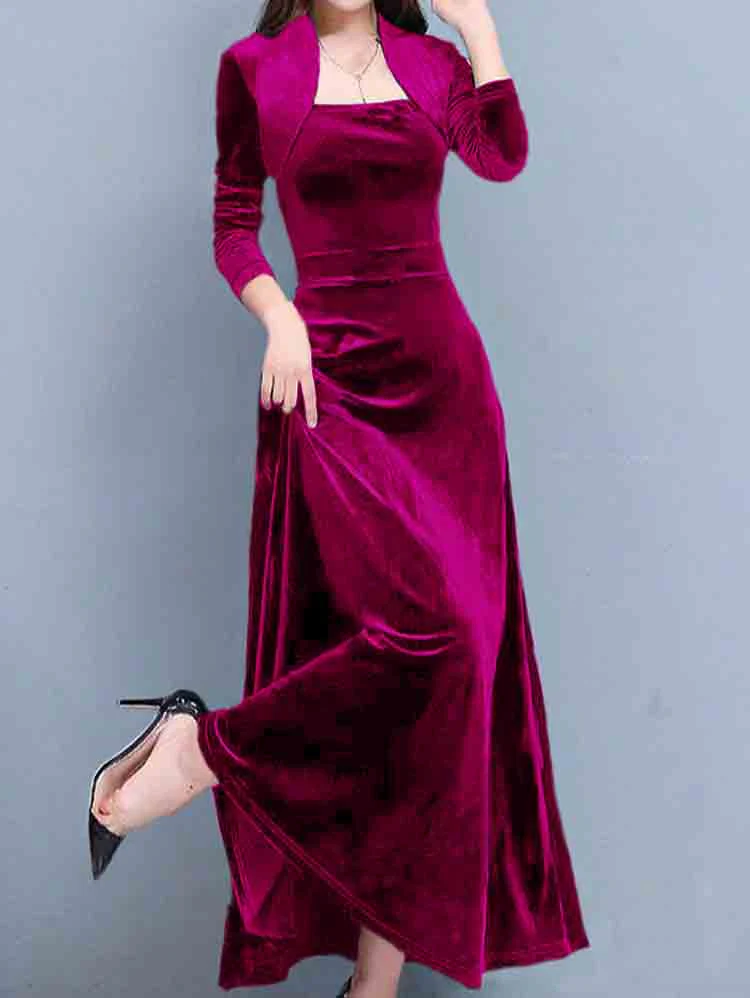 Green Retro Three-quarter Sleeve Golden Velvet Maxi Dress - Image 3