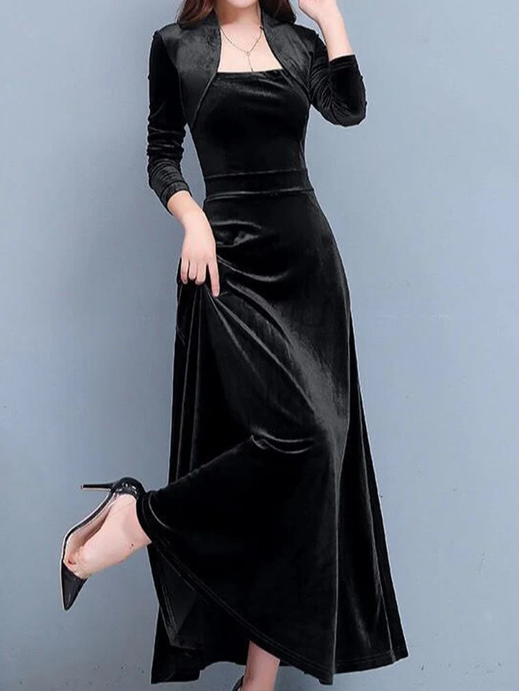 Green Retro Three-quarter Sleeve Golden Velvet Maxi Dress - Image 4