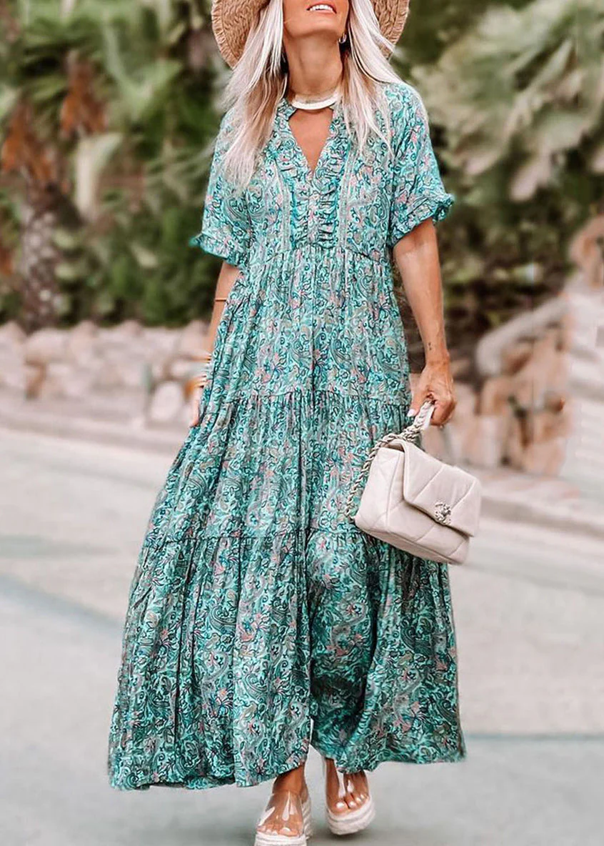 Blue Ruffled Patchwork Maxi Dress Short Sleeve - Image 2
