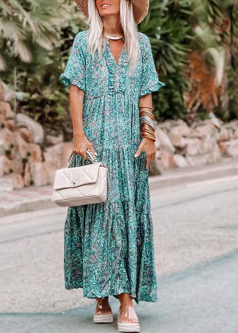 Blue Ruffled Patchwork Maxi Dress Short Sleeve - Image 3