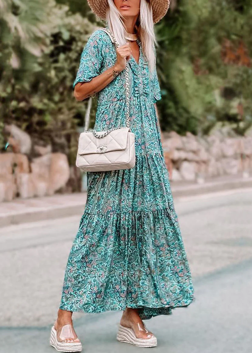 Blue Ruffled Patchwork Maxi Dress Short Sleeve - Image 4
