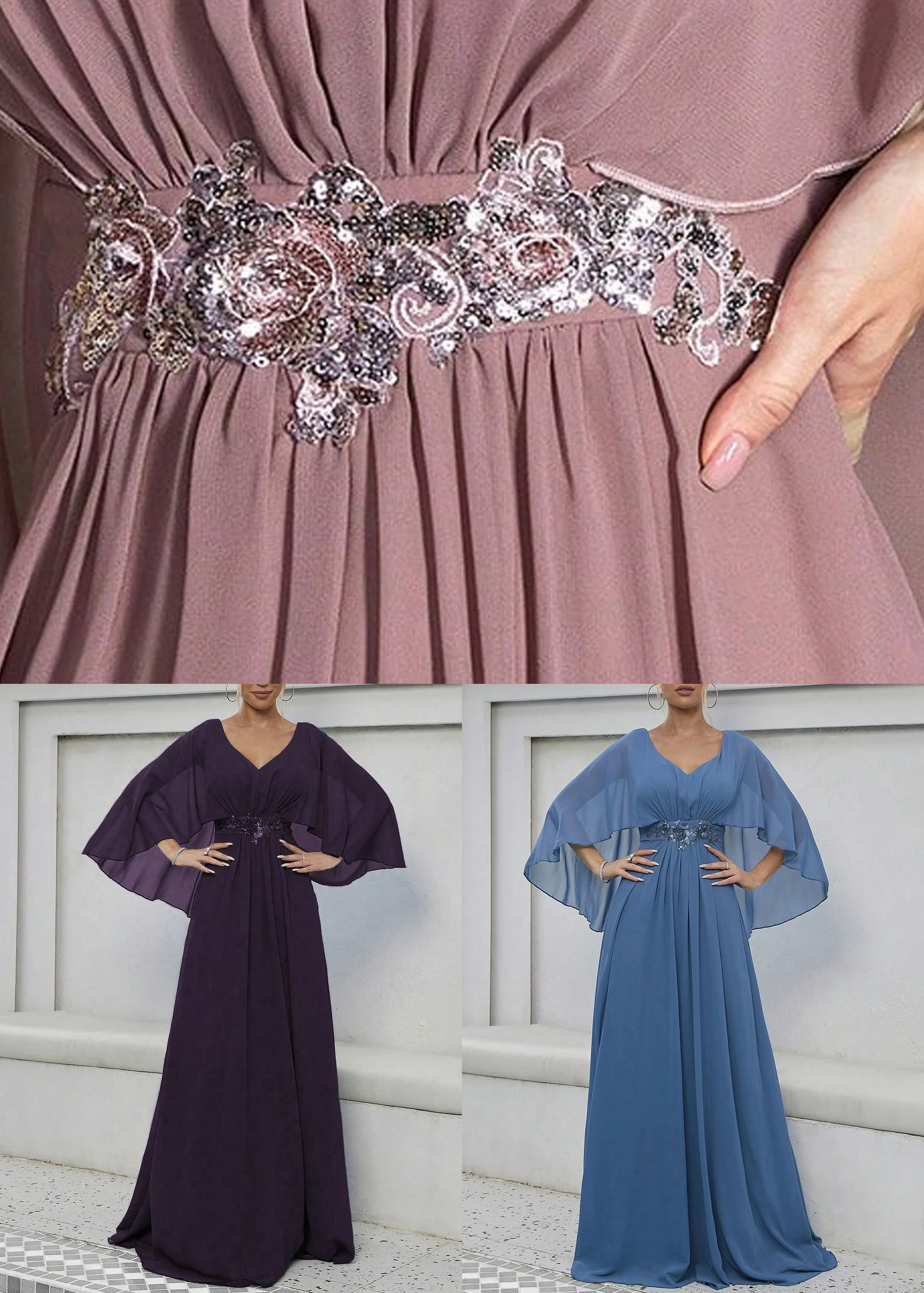 Blue Sequins High Waist Long Dress V Neck Batwing Sleeve - Image 5