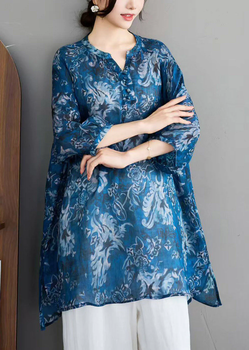 Blue Side Open Long Linen Shirts Fall - Image 3