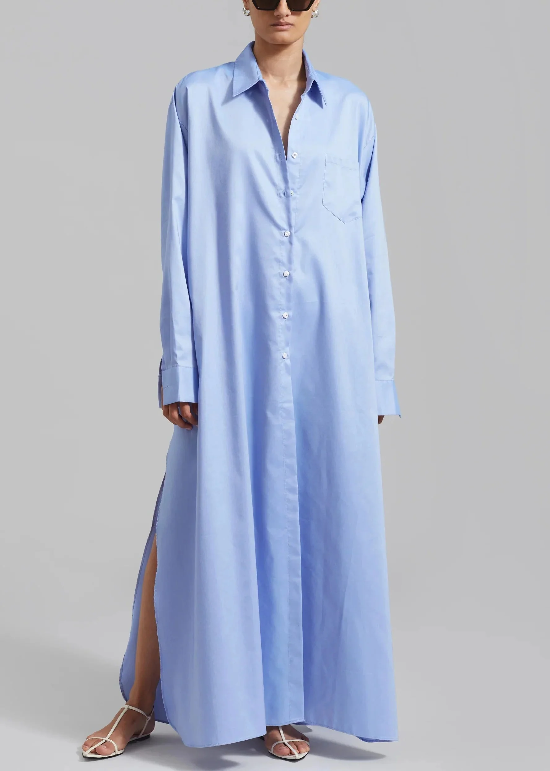 Blue Side Open Oversized Cotton Long Dresses Peter Pan Collar - Image 2