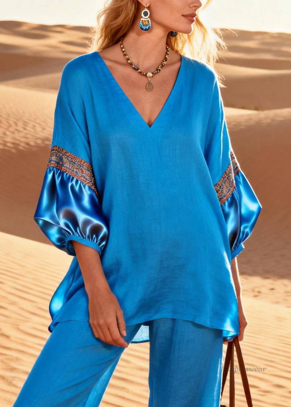 Blue Silk Patchwork Tops And Crop Pants Linen Two Piece Set V Neck Bracelet Sleeve - Image 2
