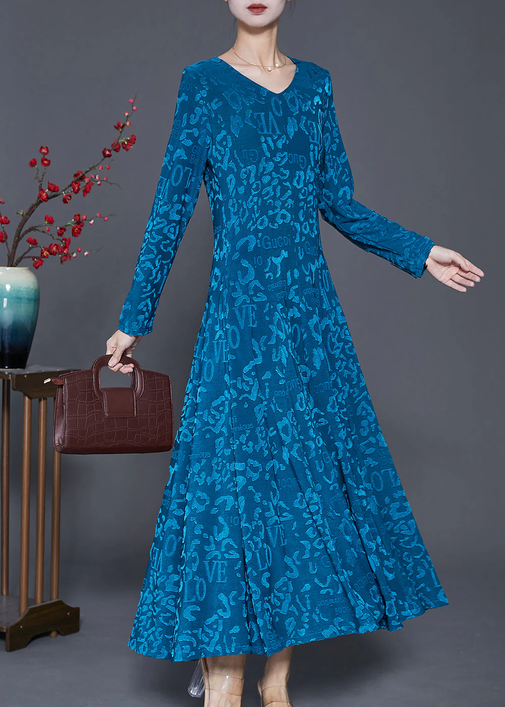 Blue Silm Fit Silk Velour Robe Dresses Jacquard Spring - Image 3