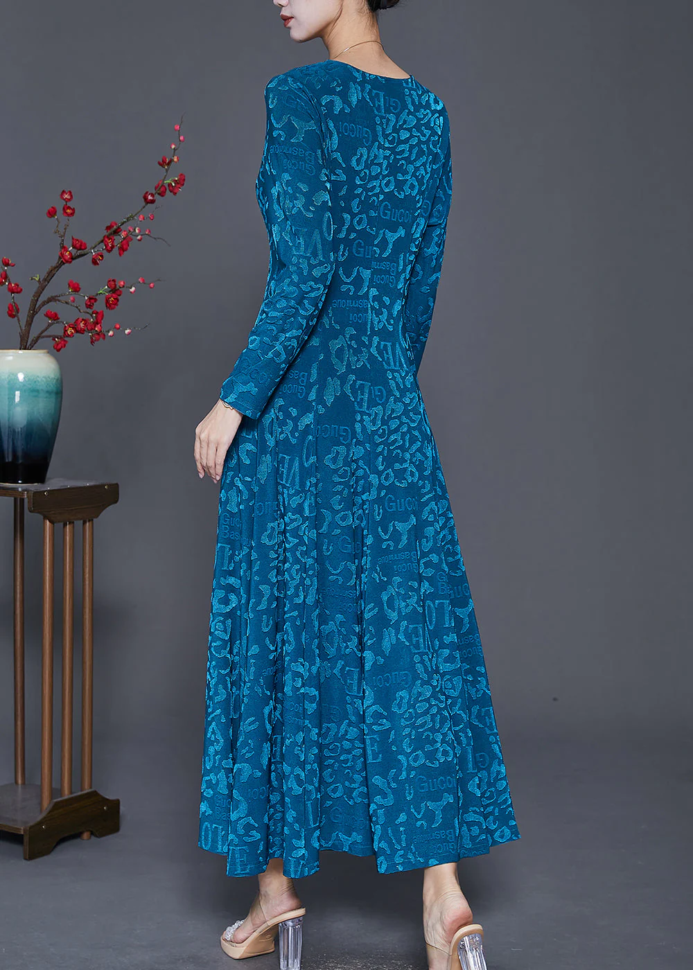Blue Silm Fit Silk Velour Robe Dresses Jacquard Spring - Image 4