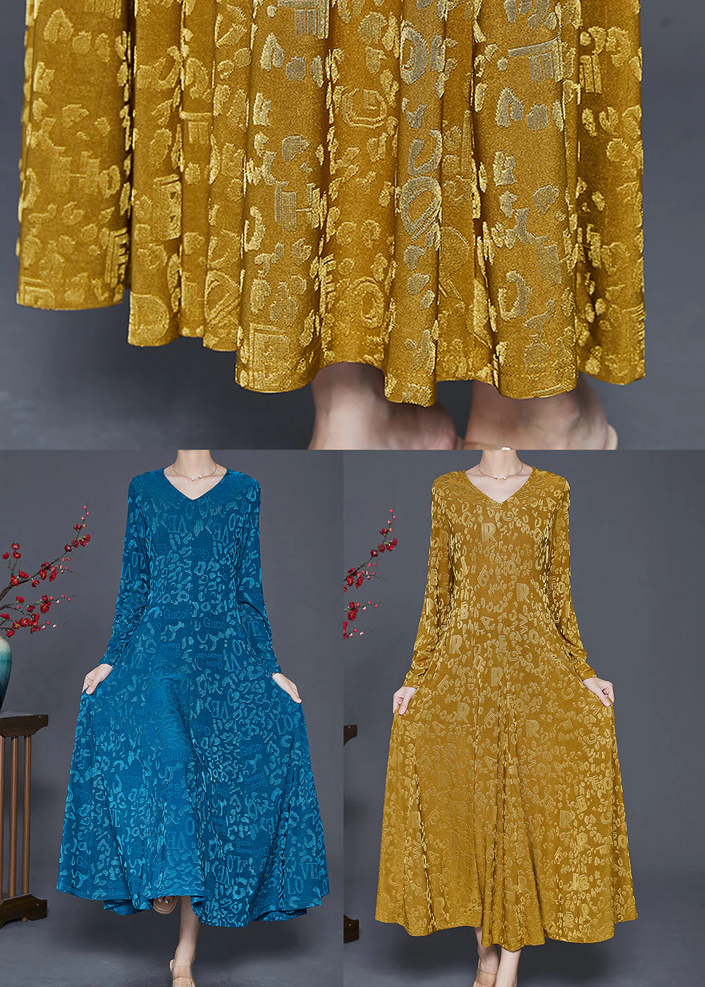 Blue Silm Fit Silk Velour Robe Dresses Jacquard Spring - Image 5