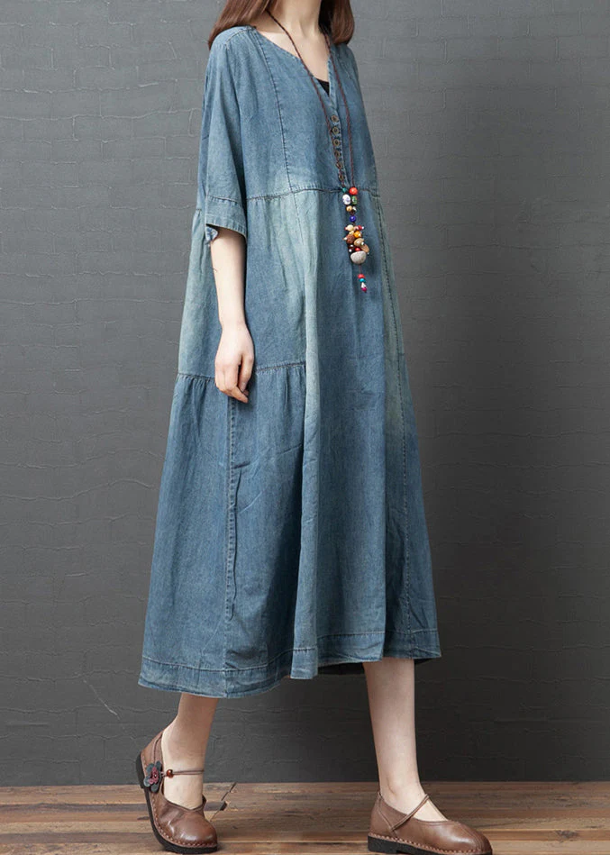 Blue Solid Patchwork Cotton Denim Dresses Button Half Sleeve1 - Image 2