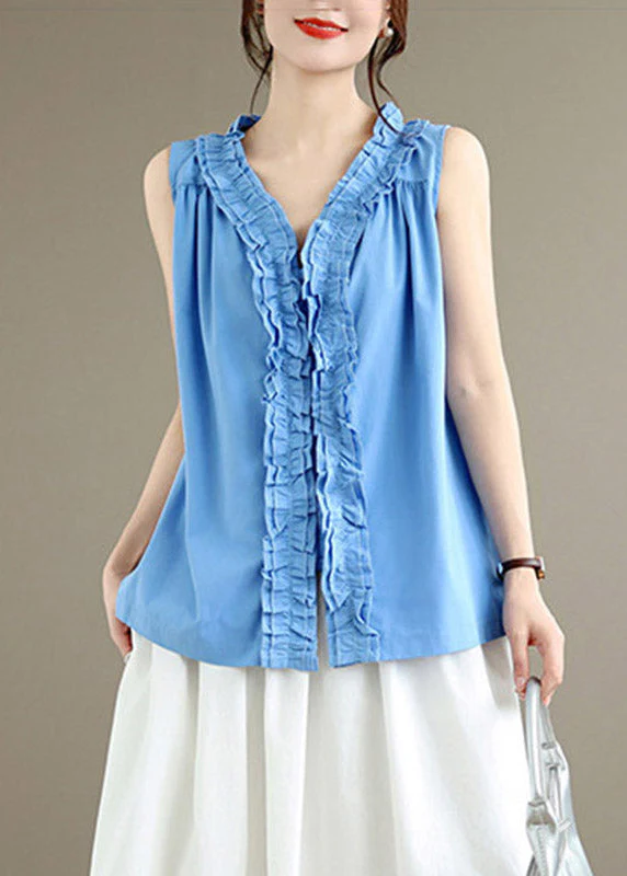 Blue Solid Tops V Neck Summer - Image 2