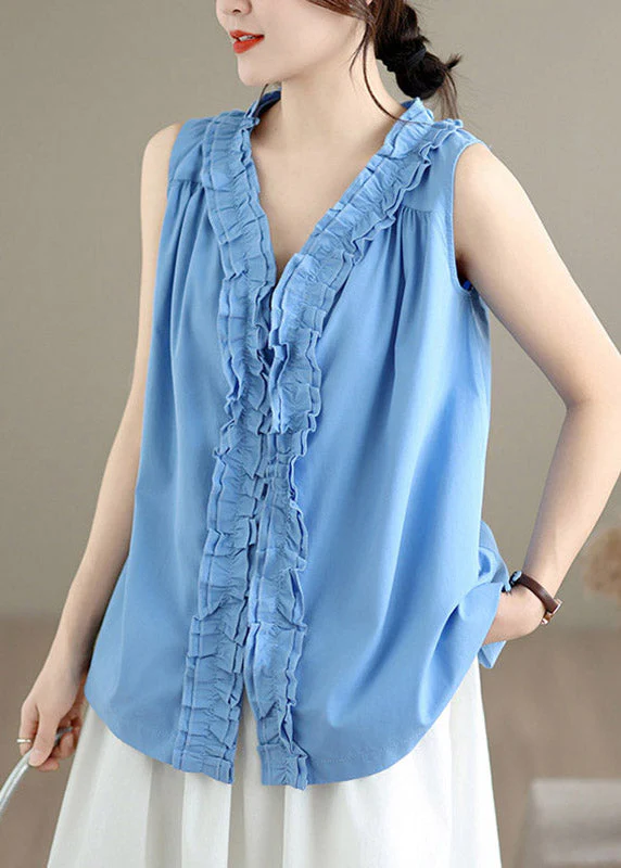 Blue Solid Tops V Neck Summer - Image 3