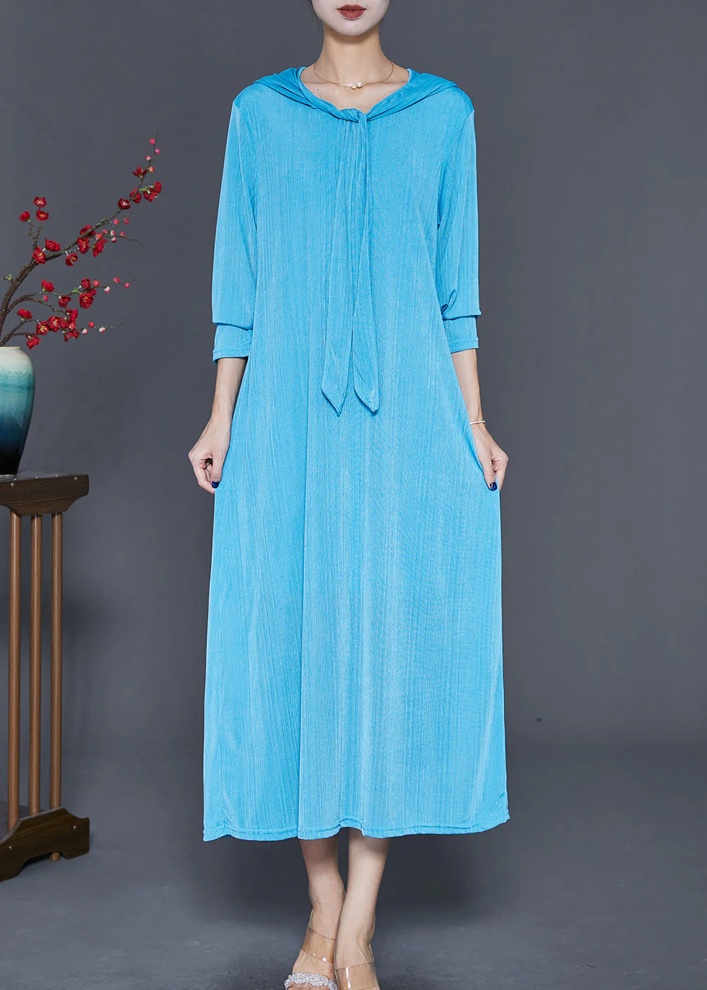Blue Spandex Holiday Dresses Hooded Lace Up Fall - Image 2
