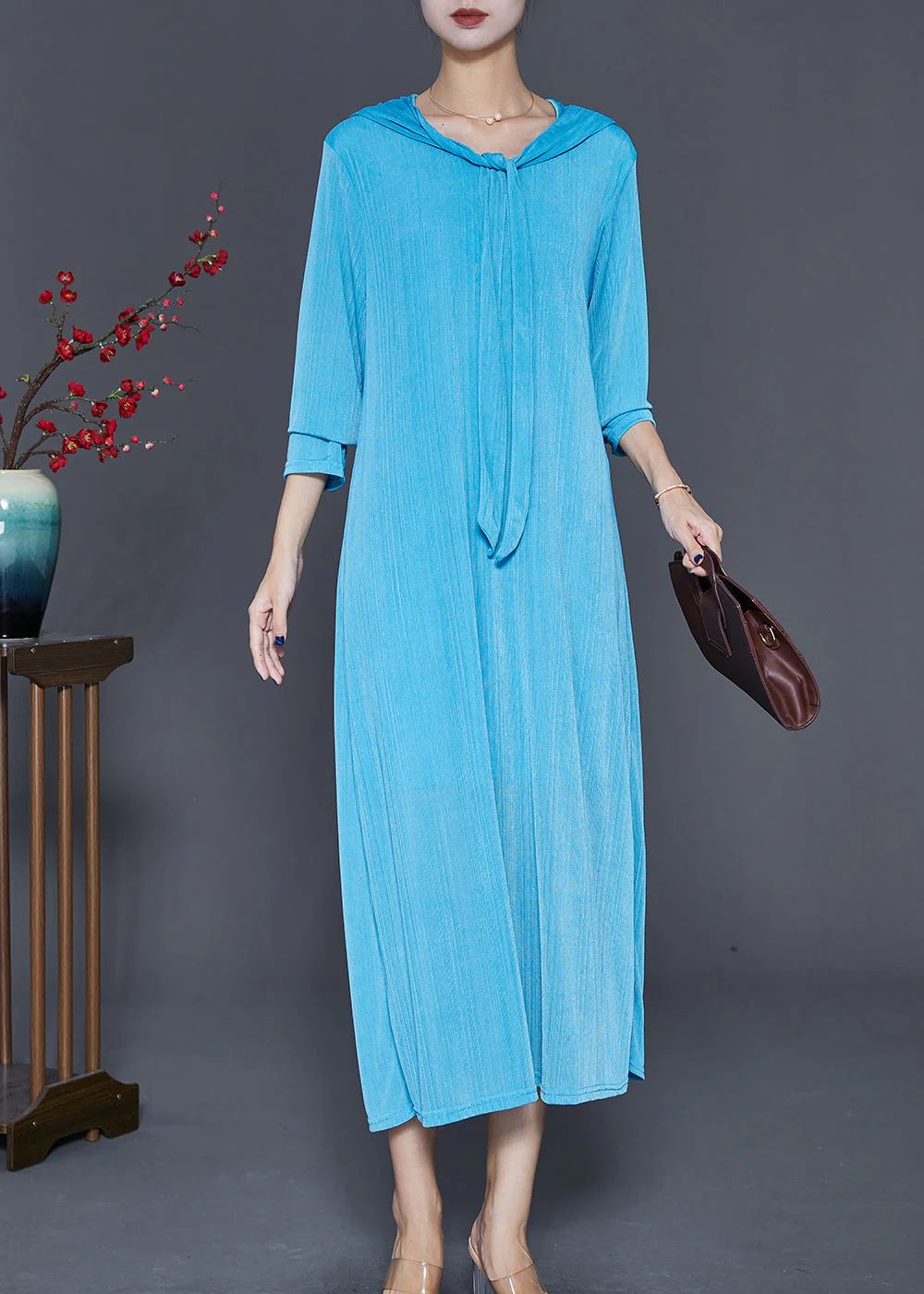 Blue Spandex Holiday Dresses Hooded Lace Up Fall - Image 3