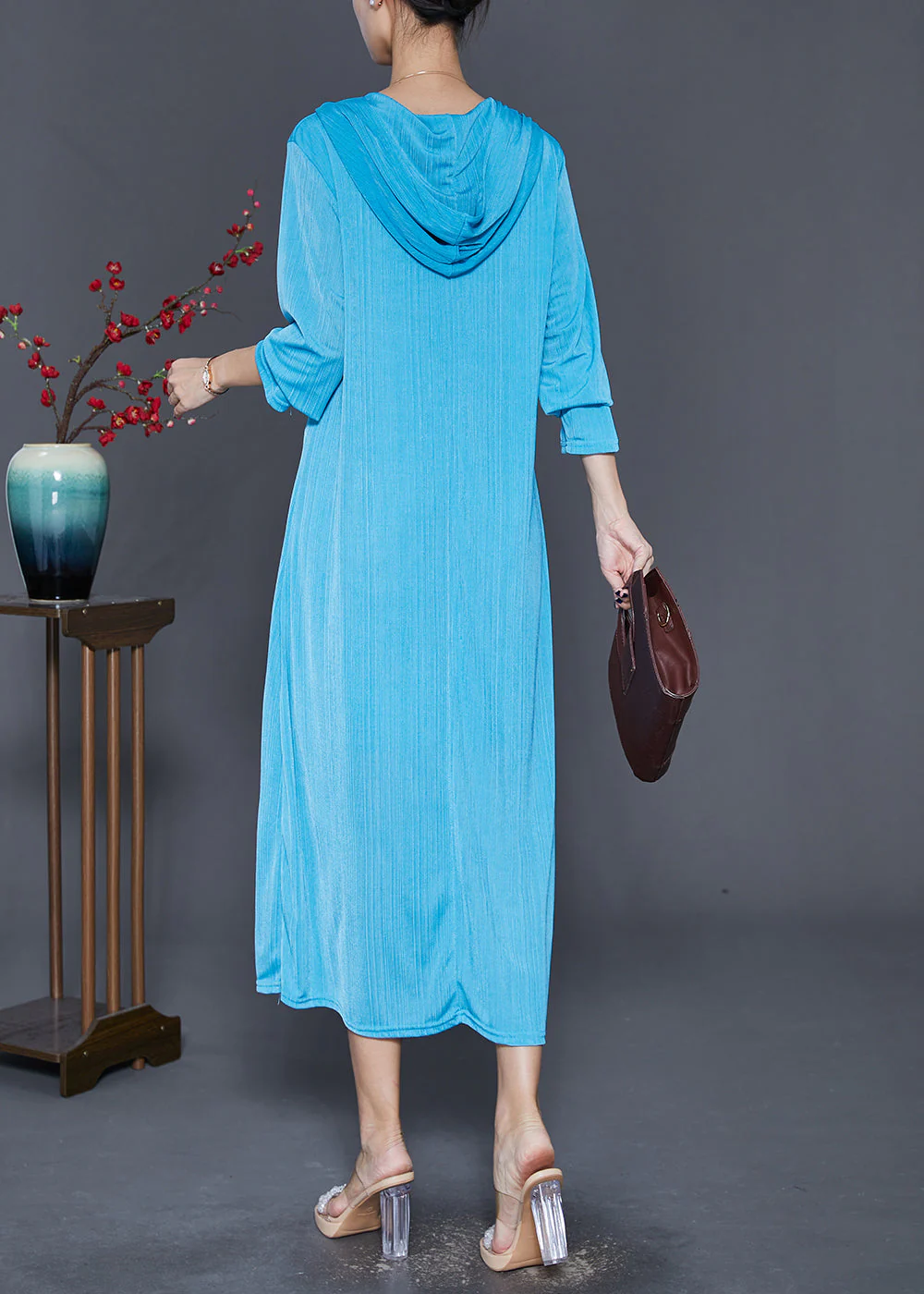 Blue Spandex Holiday Dresses Hooded Lace Up Fall - Image 4