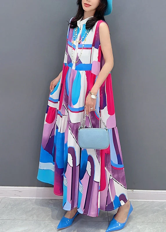 Blue Stand Collar Patchwork Long Dresses Summer - Image 2