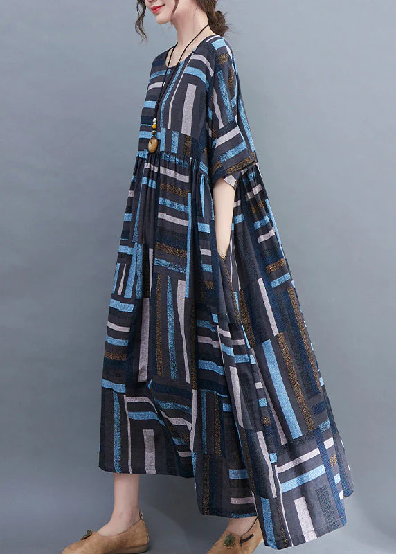Blue Striped Baggy Long Dresses Wrinkled Short Sleeve - Image 4