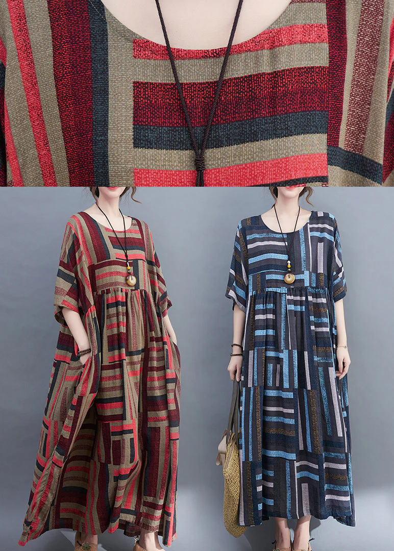 Blue Striped Baggy Long Dresses Wrinkled Short Sleeve - Image 5