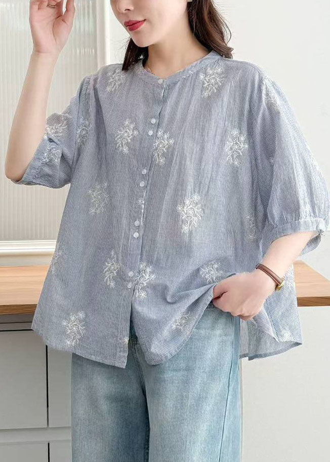 Blue Striped Cotton Loose Shirt Embroidered Summer - Image 2