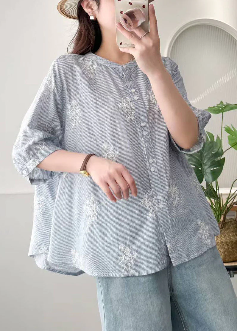 Blue Striped Cotton Loose Shirt Embroidered Summer - Image 3