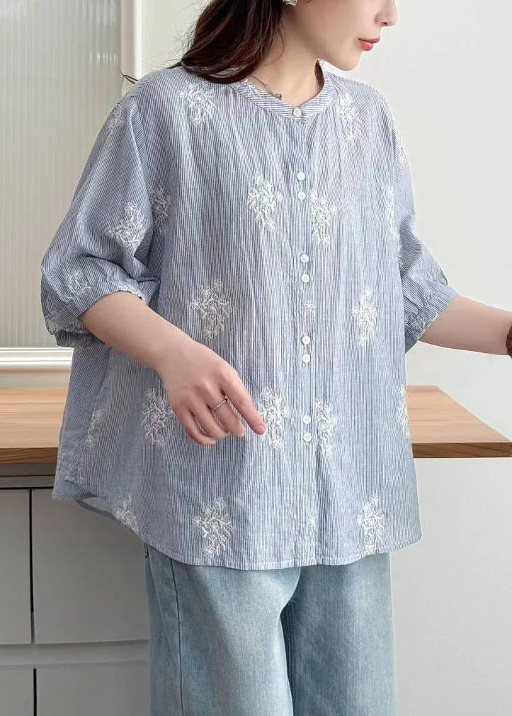 Blue Striped Cotton Loose Shirt Embroidered Summer - Image 4