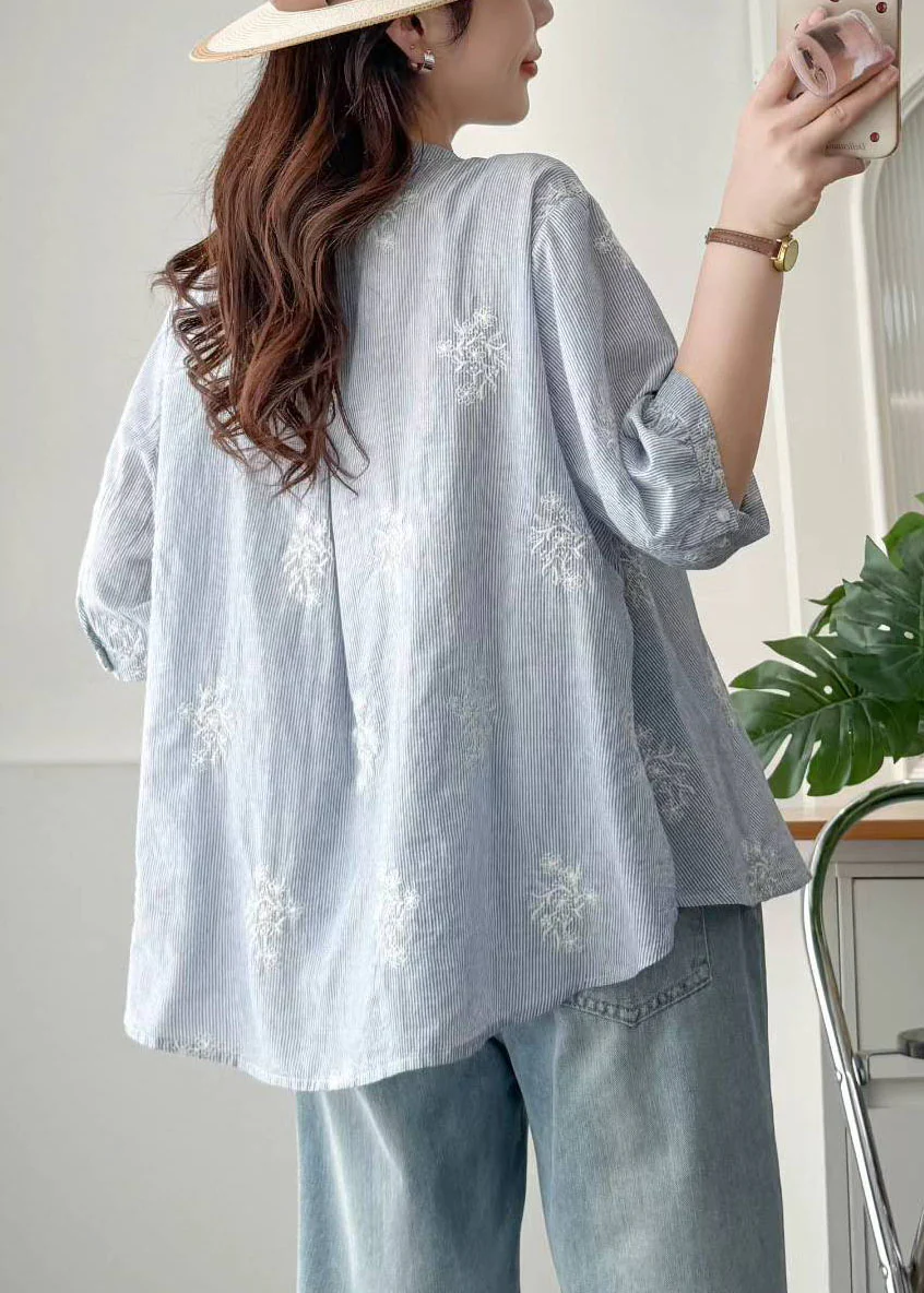 Blue Striped Cotton Loose Shirt Embroidered Summer - Image 5