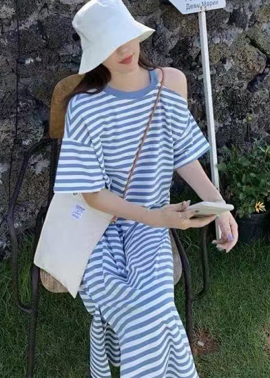 Blue Striped Cotton Robe Dresses Cold Shoulder Summer - Image 2