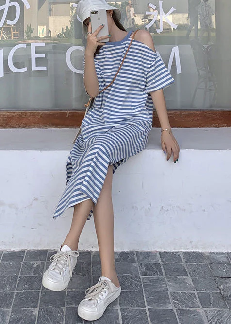 Blue Striped Cotton Robe Dresses Cold Shoulder Summer - Image 3