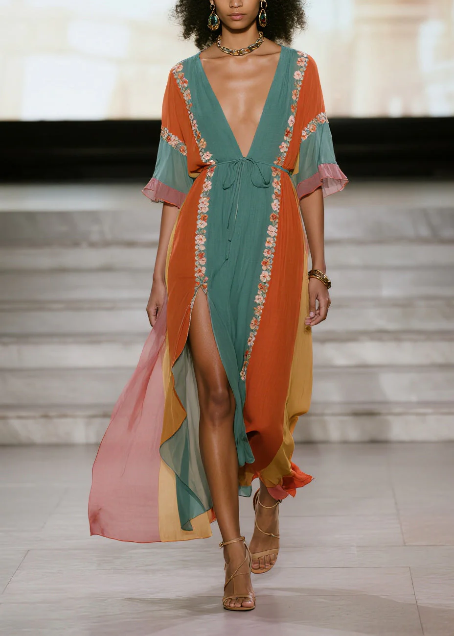 Blue Striped Draping Chiffon Beach Dress Tie Waist Side Open Summer - Image 3