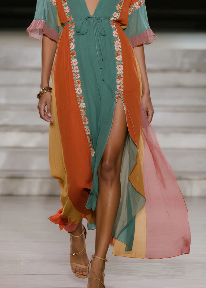 Blue Striped Draping Chiffon Beach Dress Tie Waist Side Open Summer - Image 4