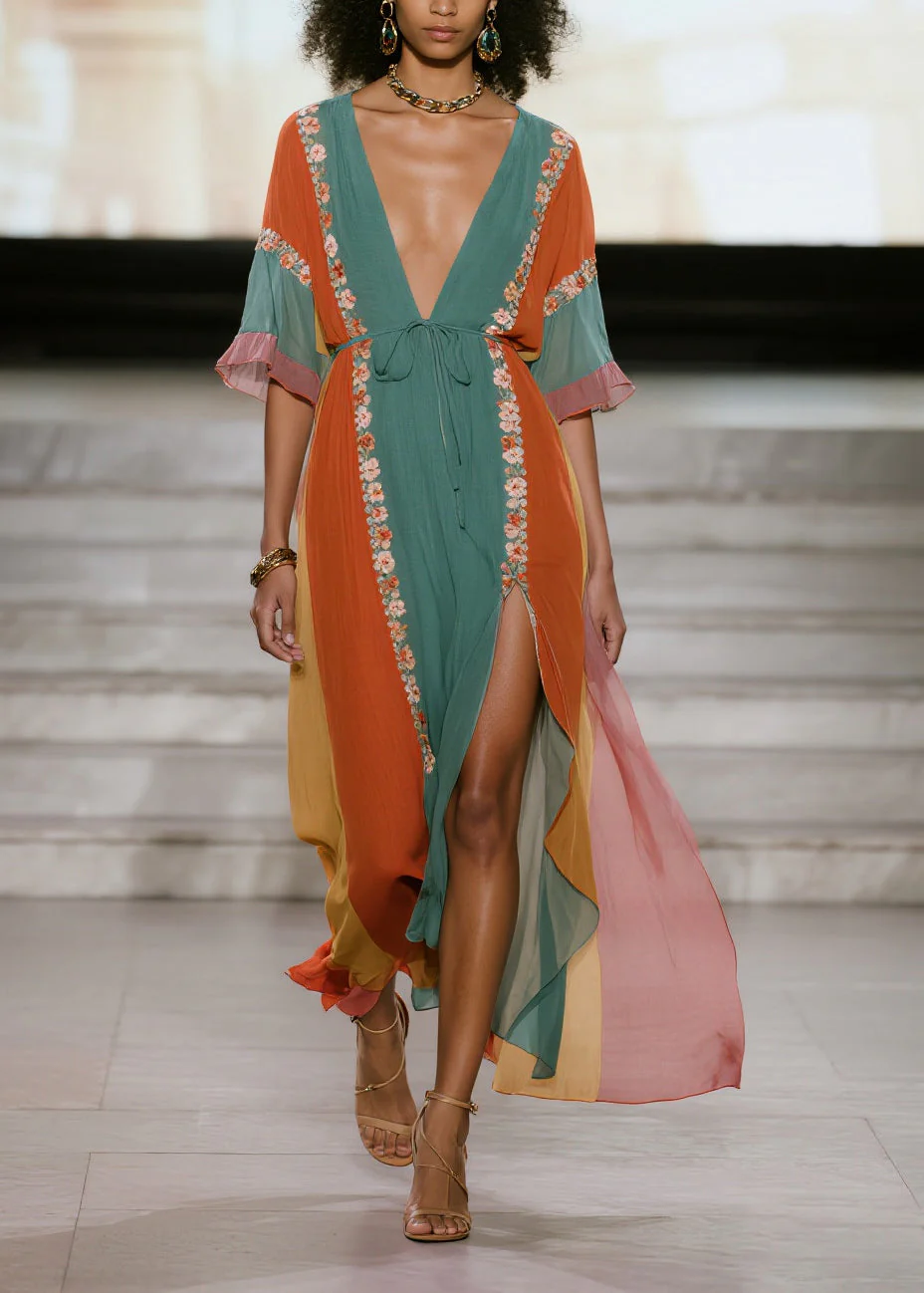 Blue Striped Draping Chiffon Beach Dress Tie Waist Side Open Summer - Image 5