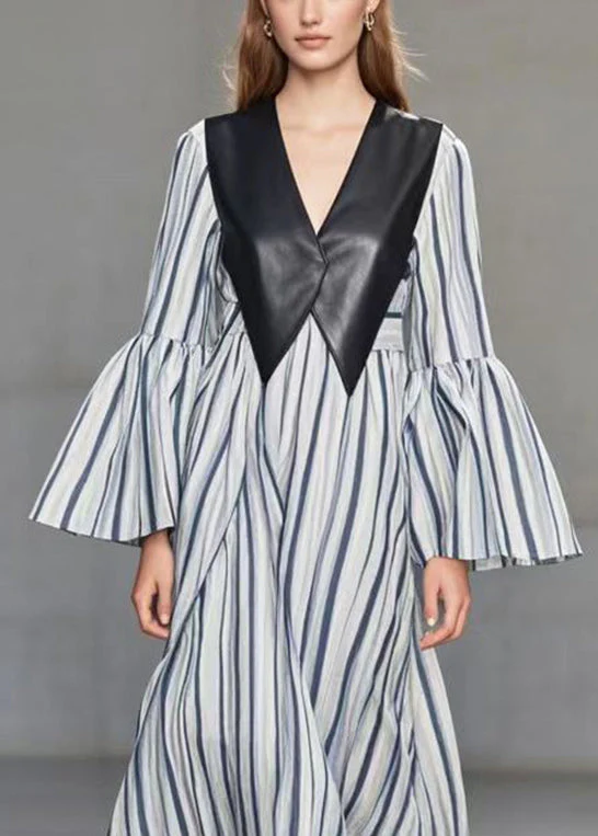 Blue Striped Patchwork Faux Leather Cotton Long Dress Flare Sleeve - Image 3