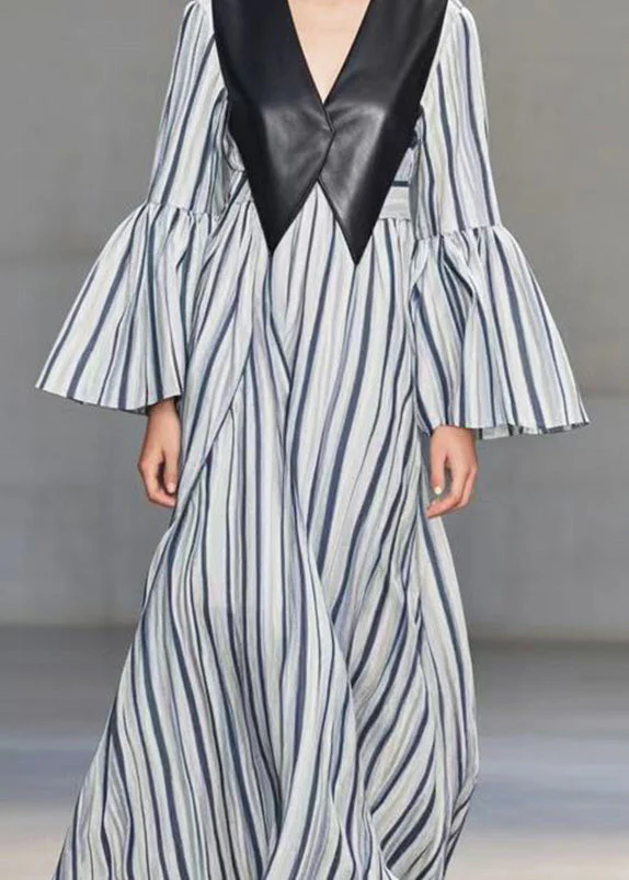 Blue Striped Patchwork Faux Leather Cotton Long Dress Flare Sleeve - Image 4