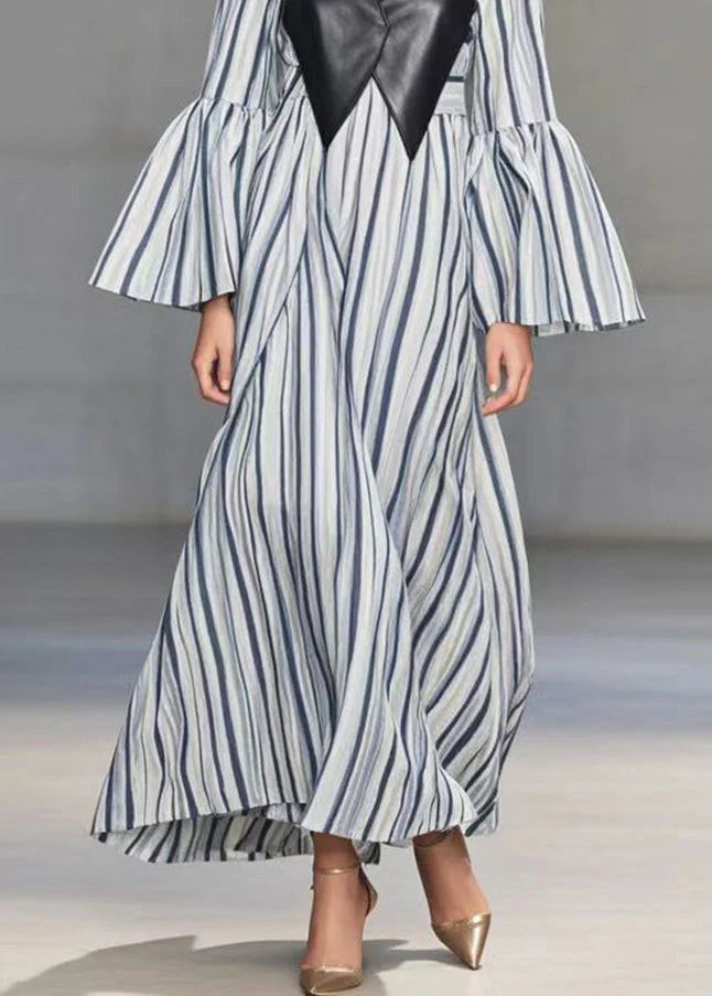 Blue Striped Patchwork Faux Leather Cotton Long Dress Flare Sleeve - Image 5
