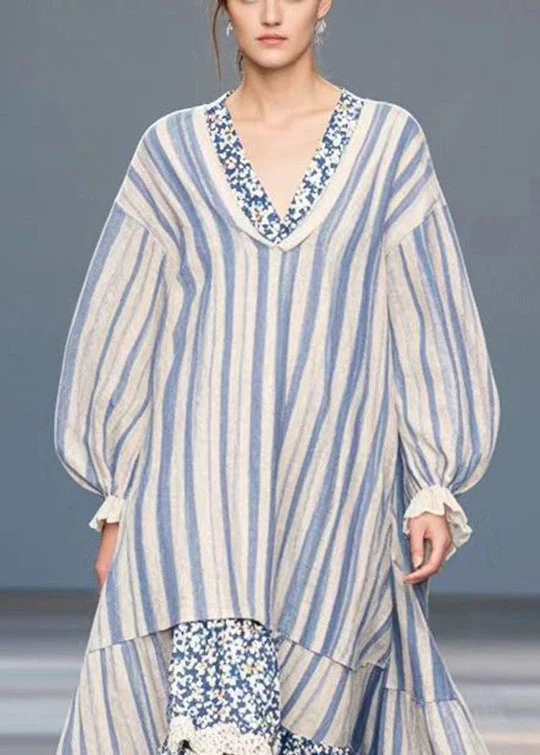 Blue Striped Patchwork Silk Velvet Holiday Dress Asymmetrical Design Spring - Image 2