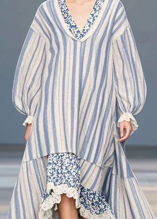 Blue Striped Patchwork Silk Velvet Holiday Dress Asymmetrical Design Spring - Image 3
