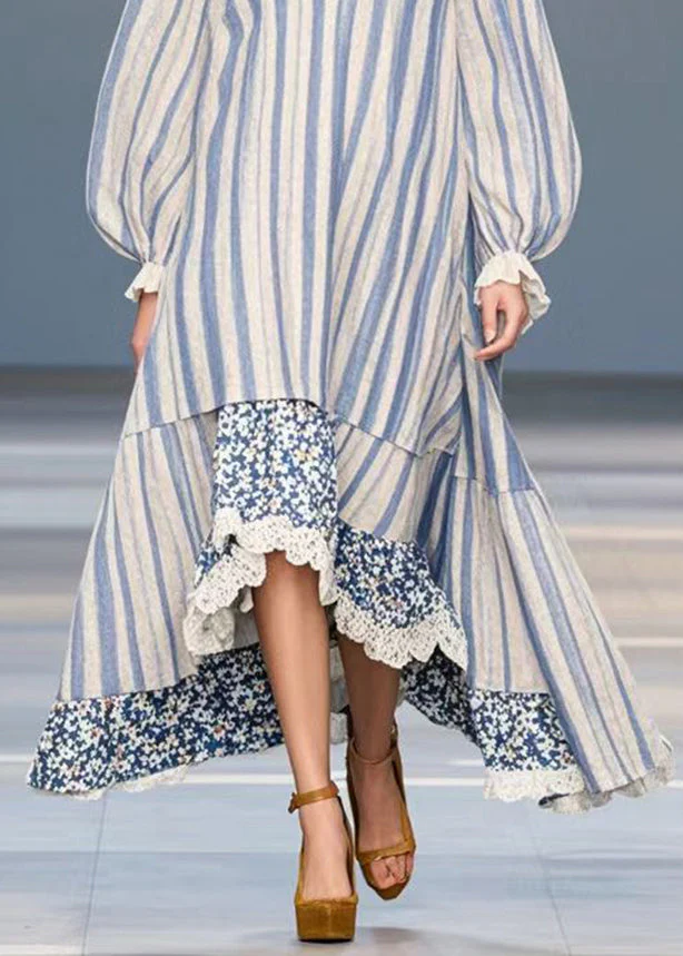 Blue Striped Patchwork Silk Velvet Holiday Dress Asymmetrical Design Spring - Image 4