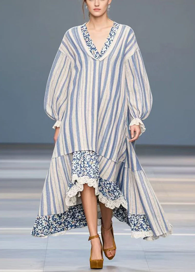 Blue Striped Patchwork Silk Velvet Holiday Dress Asymmetrical Design Spring - Image 5