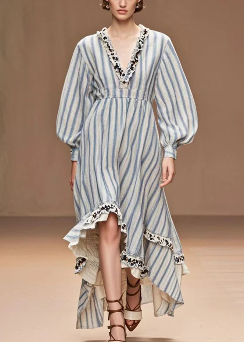 Blue Striped Silk Velvet Dress Asymmetrical Exra Large Hem Spring - Image 5
