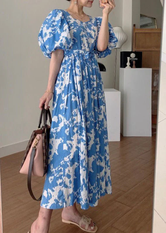 Blue Tie Waist Cotton Long Dresses Square Collar Puff Sleeve - Image 3