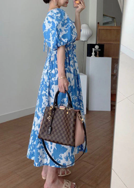 Blue Tie Waist Cotton Long Dresses Square Collar Puff Sleeve - Image 4