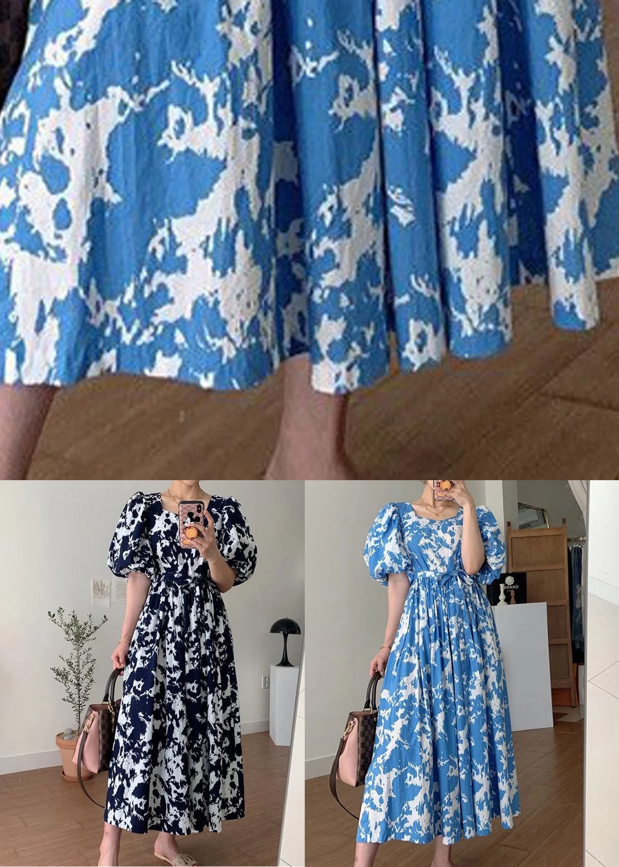 Blue Tie Waist Cotton Long Dresses Square Collar Puff Sleeve - Image 5