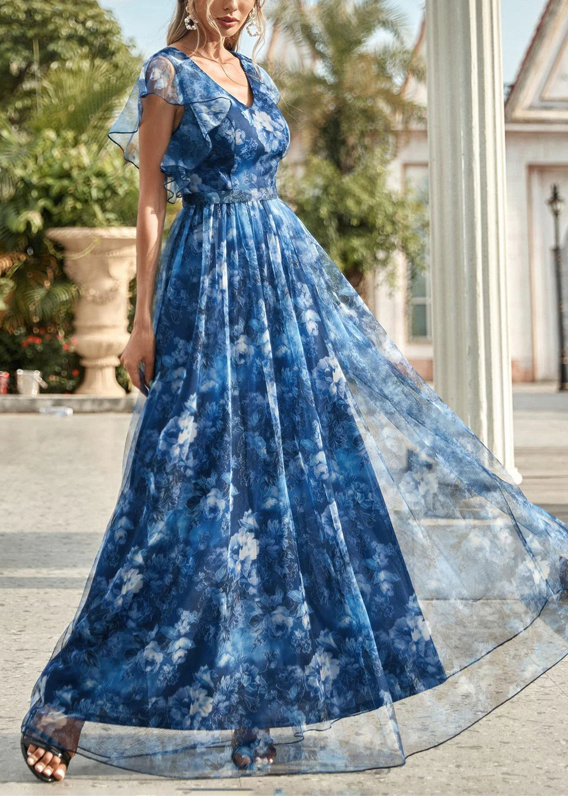Blue V Neck Patchwork Tulle Long Dresses Short Sleeve - Image 3