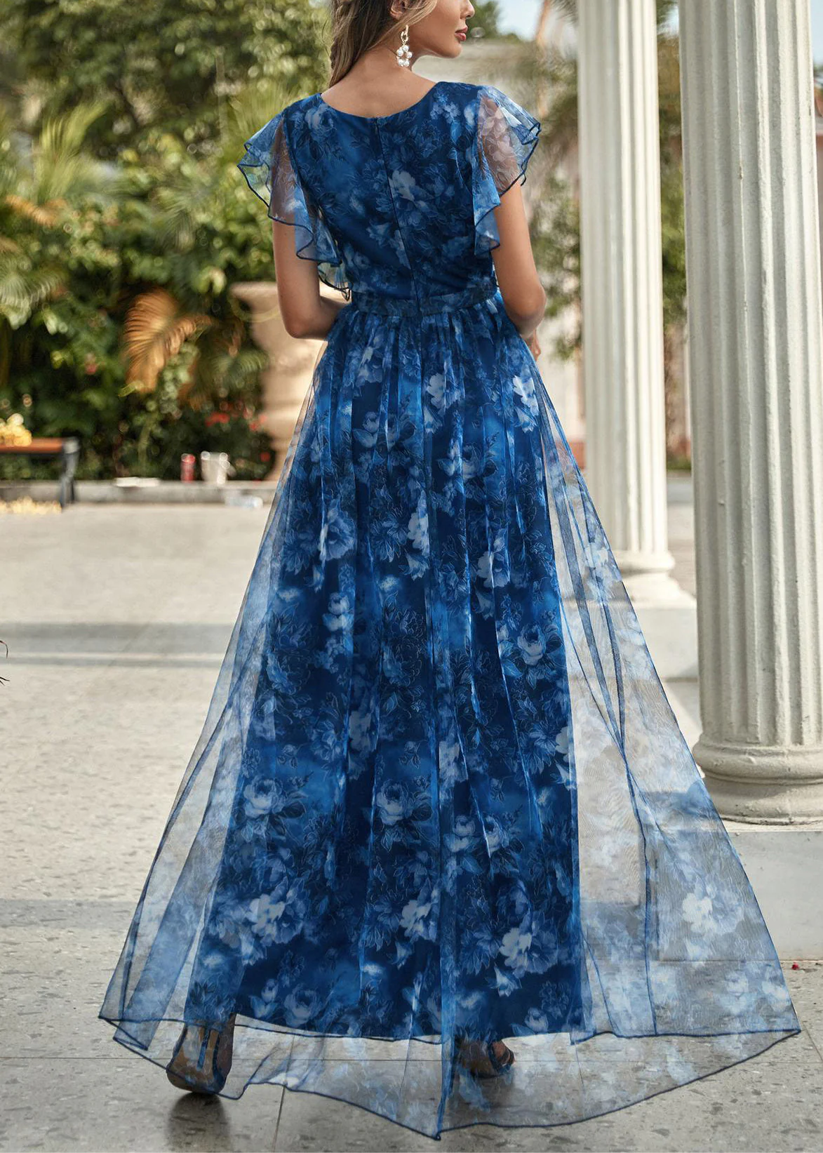 Blue V Neck Patchwork Tulle Long Dresses Short Sleeve - Image 4