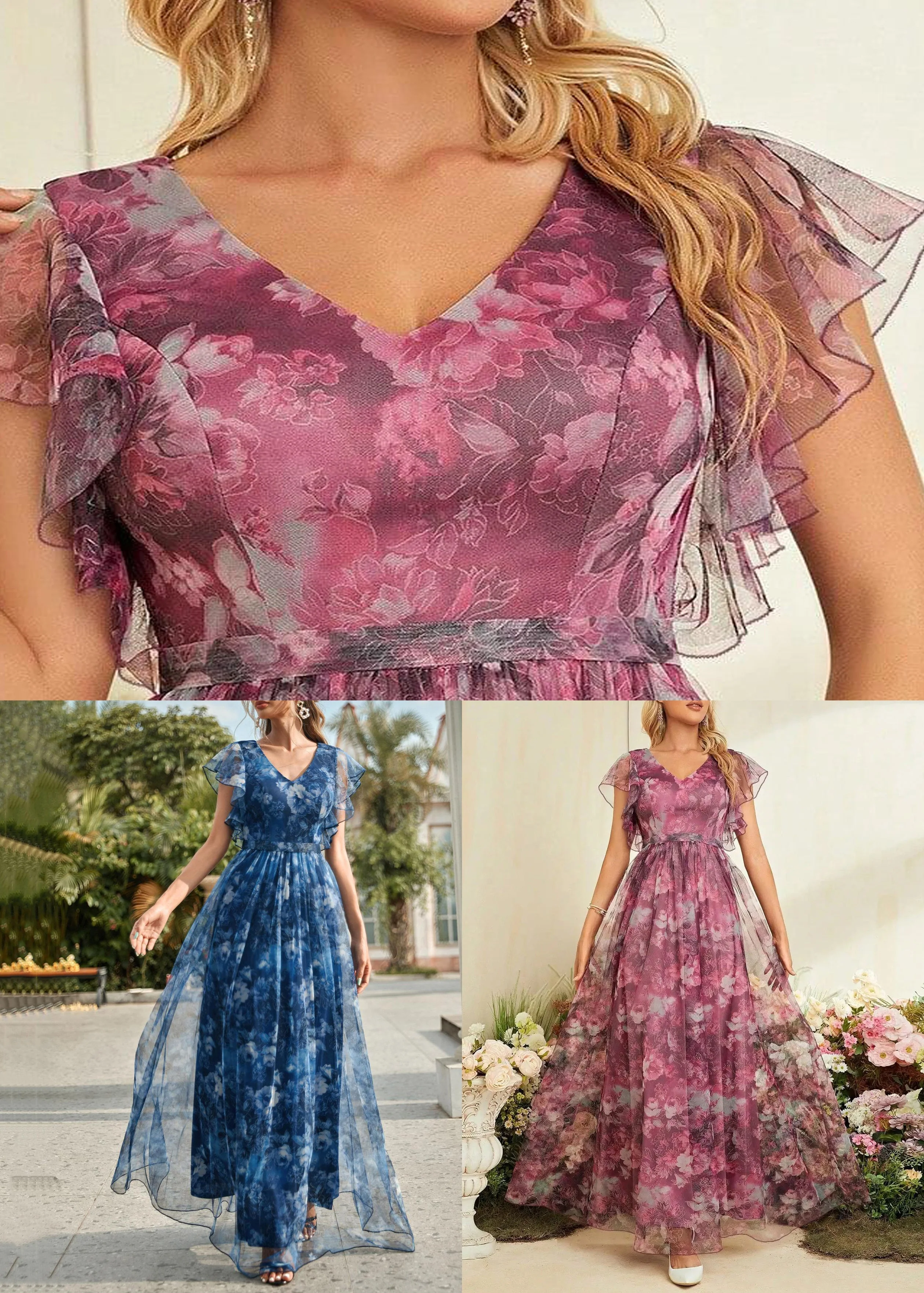 Blue V Neck Patchwork Tulle Long Dresses Short Sleeve - Image 5