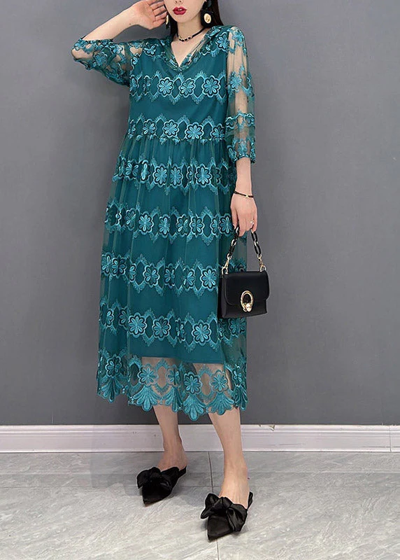 Blue V Neck Tulle Patchwork Hooded Dress Three Quarter sleeve - Image 2