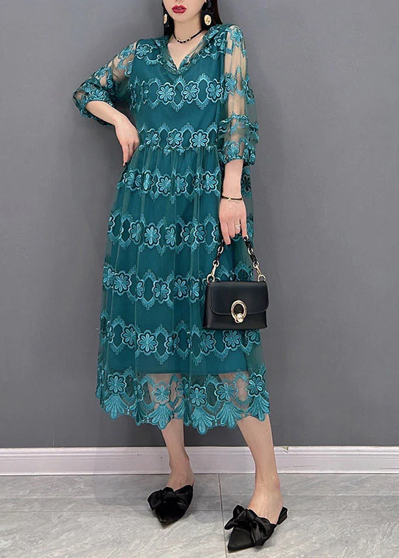 Blue V Neck Tulle Patchwork Hooded Dress Three Quarter sleeve - Image 3