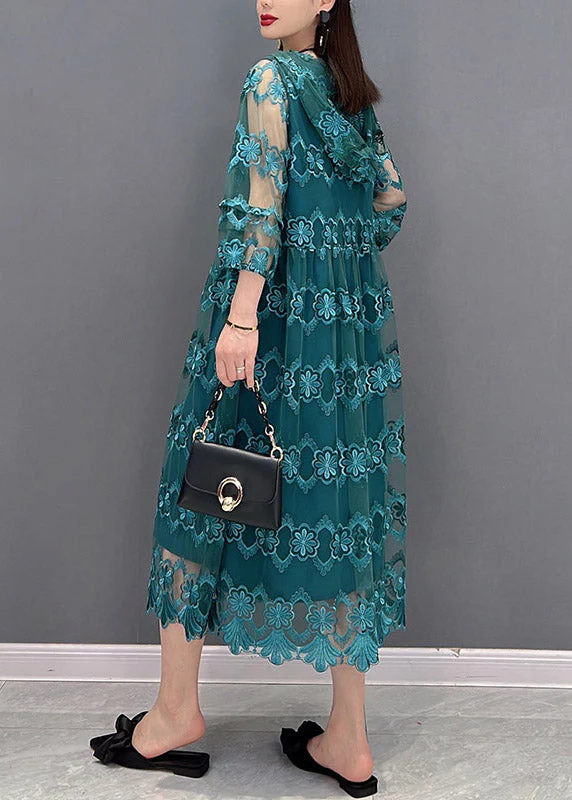 Blue V Neck Tulle Patchwork Hooded Dress Three Quarter sleeve - Image 4